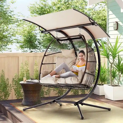 Outdoor Swing Loveseat With Stand, Foldable Hanging Chair, Hammock Cushion, And Awning, Double Egg Chair, Beige