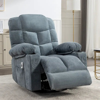 Grey Oversized Recliner With Heat And Massage, 150 Recline, 30 Rocking, USB Charging, And 2 Cup Holders