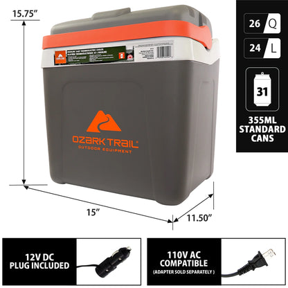 Ozark Trail 26QT Electric Cooler 12V Portable Travel Beach Camping Picnic Insulated Cooler 30 Cans Iceless 24L, Grey