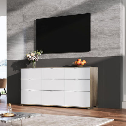 9 Drawer LED Dresser For Bedroom, 58.35 In. Wide Wood Dresser Storage Organizer With Power Outlets For 65 In. TV, Dressers With Open Shelves