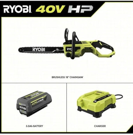 Ryobi 18 In. 40V Cordless Chainsaw Kit With Battery And Charger, Green