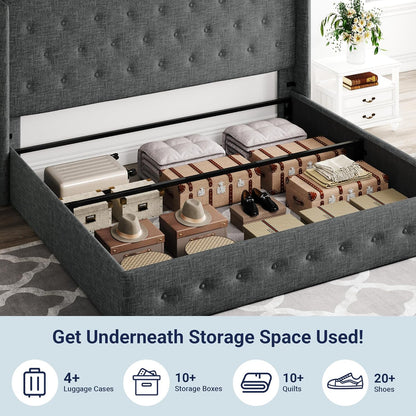 Allewie Queen Size Lift Up Storage Bed, Modern Wingback Headboard, Hydraulic Support, No Box Spring Needed, Light Beige