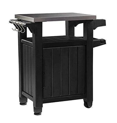 Keter Unity Portable Outdoor Table And Storage Cabinet With Hooks For Grill Accessories-Stainless Steel Top For Patio Kitchen Island Or Bar Cart