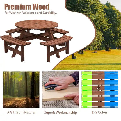 8-Person Outdoor Patio Fir Wood Round Picnic Dining Set With 4 Built-In Benches And Umbrella Hole