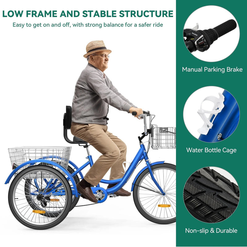 26 Adult Tricycle 3 Wheel Bikes 7 Speed Trike Bike