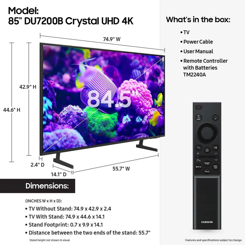 Samsung 85 In. DU7200B Crystal UHD 4K Smart TV With PurColor, 4K Upscaling, HDR, Motion Xcelerator, And Tizen OS