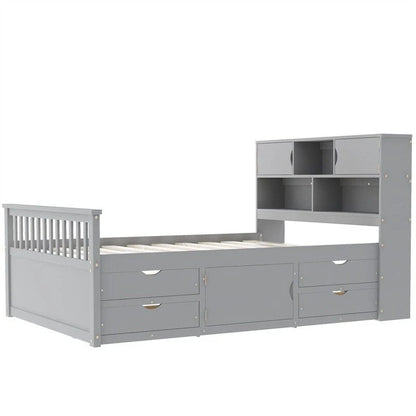 Twin/Full Size Captain Platform Bed With 4 Drawers And Storage Shelves, Solid Wood Bed Frame With Storage Bookcase Headboard