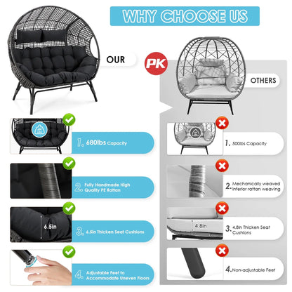 Radiata Double Egg Chair For 2 Person, Oversized Wicker Loveseat With Thick Cushions, 680 Lbs Capacity