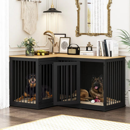 Large Corner Dog Crate Furniture For 2 Dogs, L Shape Dog Crate Cage, 58.7X41.1