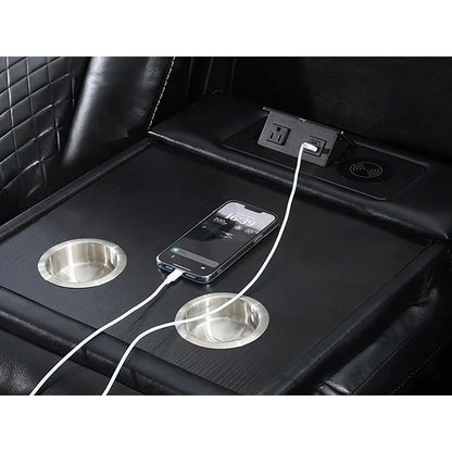 Power Reclining Sofa With Wireless Charger, Reading Light For Living Room, Faux Leather LED Light, AC/USB Port, Cup Holder, Black