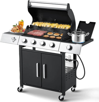 Upgraded 4 Burner Bbq Propane Gas Grill With Cast Iron Grates And Side Stove, 44,000 BTU Stainless Steel Burner Barbecue Grill For Patio