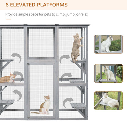 PawHut Wooden Catio Enclosure With Weather Protection, 6 Platforms, Outdoor, Large, 71 In. x 38.5 In. x 71 In