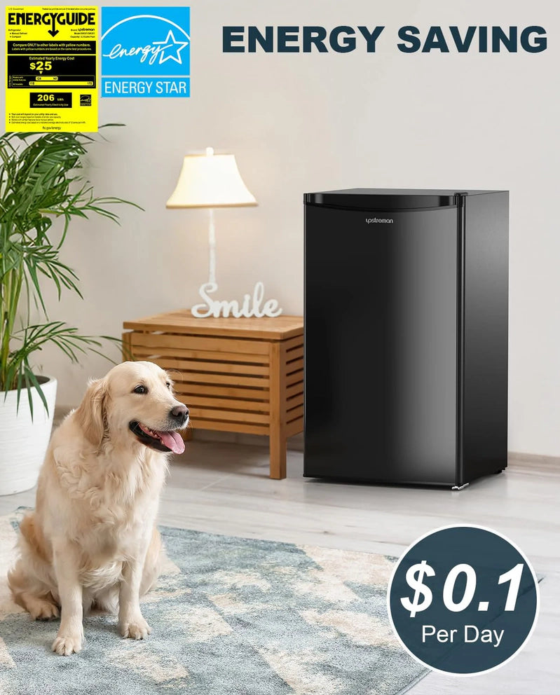 Upstreman 3.2 Cu. Ft. Mini Fridge With Freezer, Single Door Mini Fridge, Dorm Fridge, Adjustable Thermostat, Black-BR321