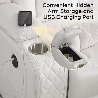 Power Reclining Sofa With Wireless Charger, Reading Light For Living Room, Faux Leather LED Light, AC/USB Port, Cup Holder, Black