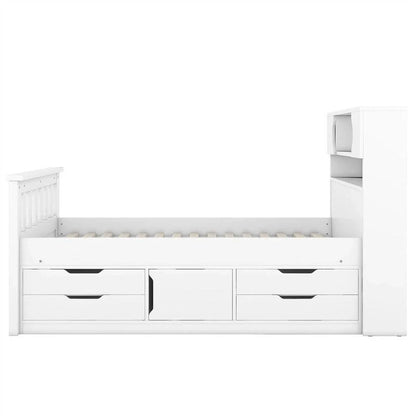 Twin/Full Size Captain Platform Bed With 4 Drawers And Storage Shelves, Solid Wood Bed Frame With Storage Bookcase Headboard