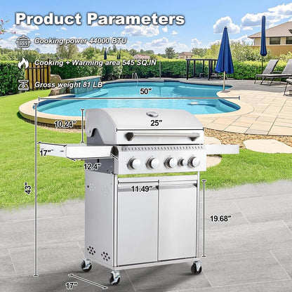 Upgraded 4 Burner Bbq Propane Gas Grill With Cast Iron Grates And Side Stove, 44,000 BTU Stainless Steel Burner Barbecue Grill For Patio