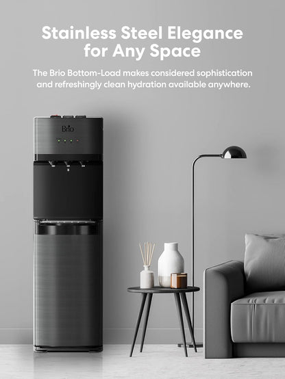 Self Cleaning Bottom Loading Water Cooler Water Dispenser Black Stainless Steel, 3 Temperature Settings, Hot, Room And Cold Water