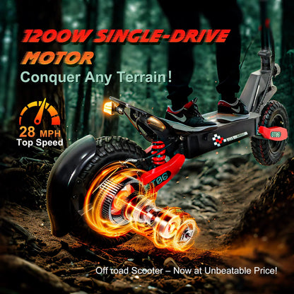 Off Road Electric Scooter For Adults, 1200W Motor Fast E Scooter, Up To 28MPH Top Speed And 20Miles Long Range, 11 In. Off-Road Tires