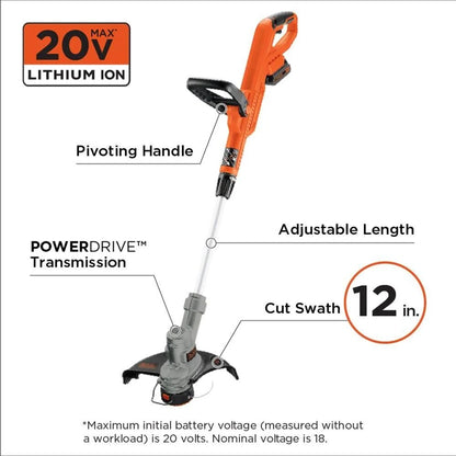 Black Plus Decker 20V Cordless String Trimmer And Edger, 2Ah, Lithium Ion Battery Included