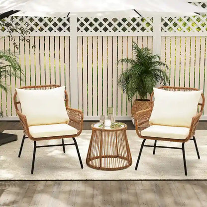 3-Piece Patio Conversation Bistro Set, Outdoor Rattan Furniture Set With Glass Table And 2 Wide Armchairs, Seat Cushions