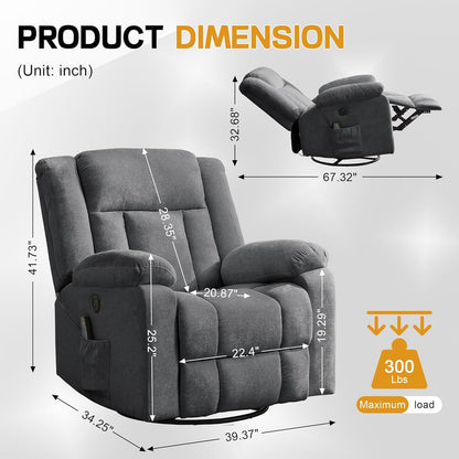 Rocker Recliner, Glider Recliner Chairs For Adults, 360 Degree Swivel Rocking Chair With Massage And Heating