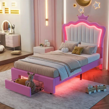 Twin Size Upholstered Bed Frame With LED Lights, Modern Upholstered Princess Bed With Crown Headboard, A Drawer, Pink Plus White
