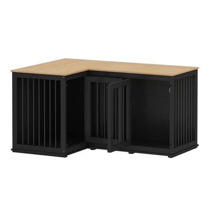 Large Corner Dog Crate Furniture For 2 Dogs, L Shape Dog Crate Cage, 58.7X41.1