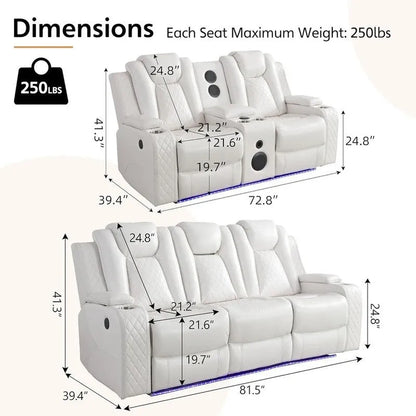 Power Reclining Sofa With Wireless Charger, Reading Light For Living Room, Faux Leather LED Light, AC/USB Port, Cup Holder, Black