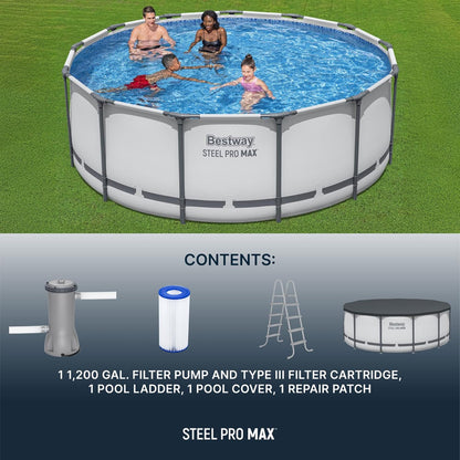 Steel Pro MAX 14 Ft. x 48 In. Round Metal Frame Above Ground Outdoor Swimming Pool Set With 1,000 Filter Pump, Ladder, And Cover, Gray