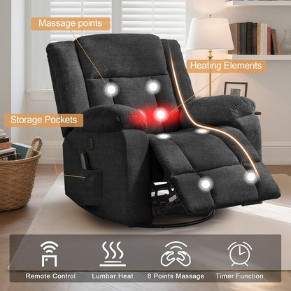 Rocker Recliner, Glider Recliner Chairs For Adults, 360 Degree Swivel Rocking Chair With Massage And Heating