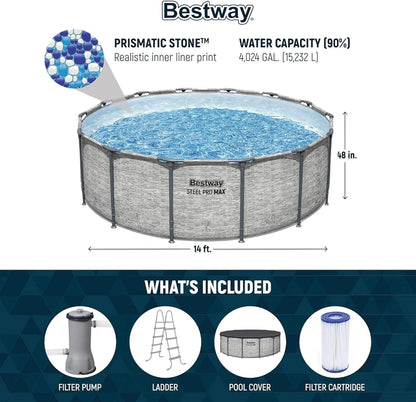 Steel Pro MAX 14 Ft. x 48 In. Round Metal Frame Above Ground Outdoor Swimming Pool Set With 1,000 Filter Pump, Ladder, And Cover, Gray