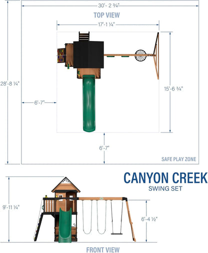 Backyard Discovery Canyon Creek Cedar Wood Swing Set With Wave Slide, Clubhouse, Play Kitchen, Picnic Area, Belt Swings, Web Swing, Rock Wall