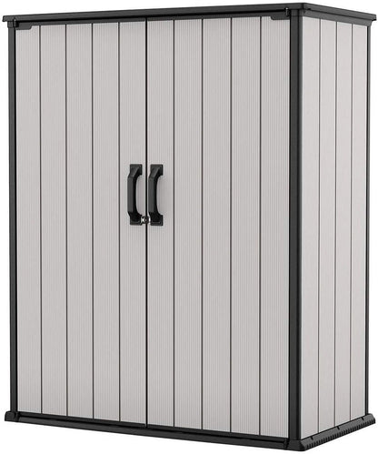 Keter Premier Tall Vertical Durable Resin Outdoor Storage Shed With Floor And Locking Double Doors, Grey