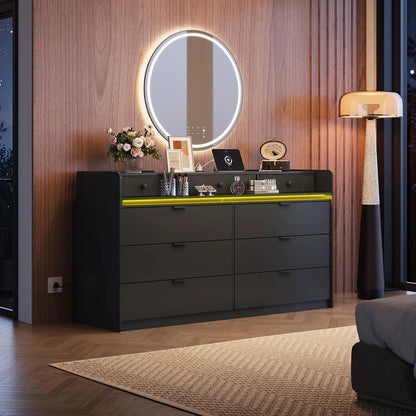 9 Drawer LED Dresser For Bedroom, 58.35 In. Wide Wood Dresser Storage Organizer With Power Outlets For 65 In. TV, Dressers With Open Shelves