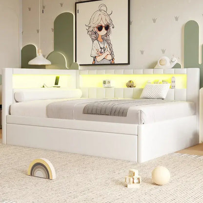 Upholstered Platform Bed With USB Ports And LED Lighting, Full/Twin Size Bed Frame With 2 Storage Drawers, Modern Bedroom
