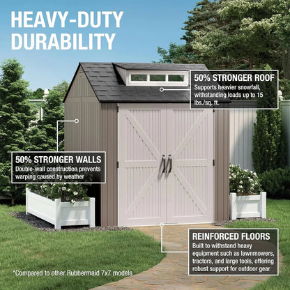 Rubbermaid Resin Garden Shed With Floor, 2.13 x 2.13 M, Weatherproof, Grey, For Storing Garden Tools, Lawnmowers, Bicycles And Pool Accessories