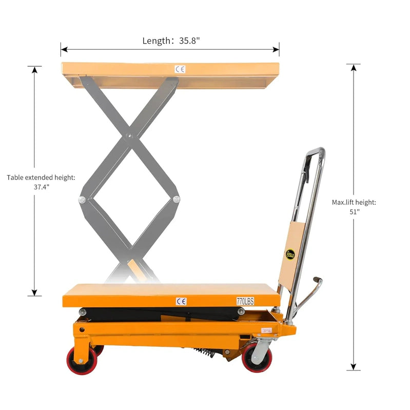 Apollolift Hydraulic Lift Table Cart, 770 Lbs Capacity, 51 In. Max Height, Double Scissor Lift With Safety Guard And 4 Wheels