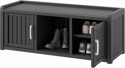 Kamaboko Outdoor Shoe Storage Cabinet, Waterproof UV-Resistant Entryway Storage Bench Indoor Outdoor With 2 Barn Doors