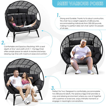 Radiata Double Egg Chair For 2 Person, Oversized Wicker Loveseat With Thick Cushions, 680 Lbs Capacity