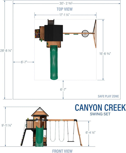 Backyard Discovery Canyon Creek Cedar Wood Swing Set With Wave Slide, Clubhouse, Play Kitchen, Picnic Area, Belt Swings, Web Swing, Rock Wall