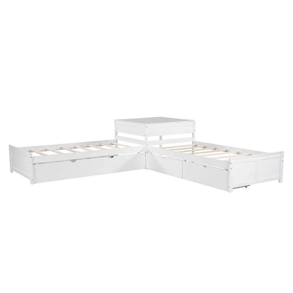 White Modern Twin Size L-Shaped Platform Bed With Trundle And Drawers For Bedroom