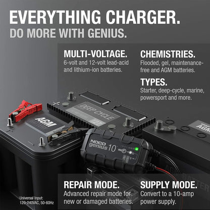 Noco GENIUS10, 10A 6V/12V Smart Battery Charger, Maintainer And Desulfator