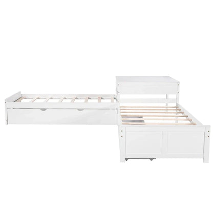 White Modern Twin Size L-Shaped Platform Bed With Trundle And Drawers For Bedroom