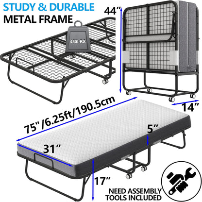 Folding Bed With Mattress 75 In. x 31 In. Cot Size Folded Bed