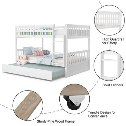 Solid Wood Full Over Full Bunk Bed Frame With Trundle, Safety Ladder And Guardrails, Convertible Bunk Bed For Kids Teens