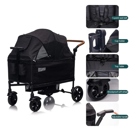 Wagon Stroller For 2 Kids And Cargo-Travel Stroller Push-Pull Double Wagon Lightweight Folding Stroller For Newborn And Toddler With 5-Point