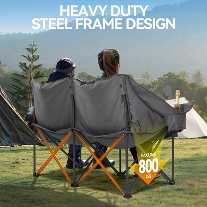 Double Camping Chairs Padded Loveseat Chair For 2 Person, Heavy Duty Oversized Camping Couch For Adults Outdoor Lawn Beach, Portable Folding