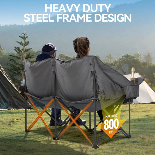 Double Camping Chairs Padded Loveseat Chair For 2 Person, Heavy Duty Oversized Camping Couch For Adults Outdoor Lawn Beach, Portable Folding