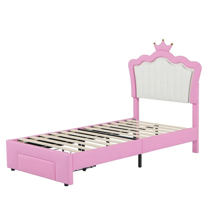 Twin Size Upholstered Bed Frame With LED Lights, Modern Upholstered Princess Bed With Crown Headboard, A Drawer, Pink Plus White