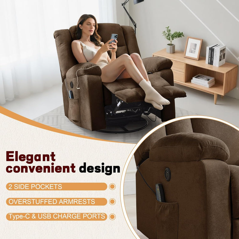 Rocker Recliner, Glider Recliner Chairs For Adults, 360 Degree Swivel Rocking Chair With Massage And Heating